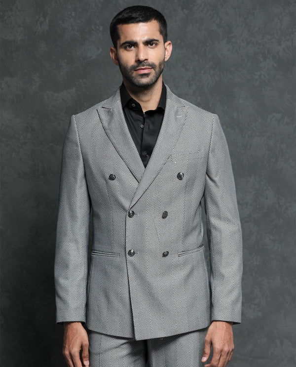 Rare Rabbit Men's Sierres Light Grey Polyester Viscose Fabric Peak Lapel Button Closure Double Breasted Herringbone Suits