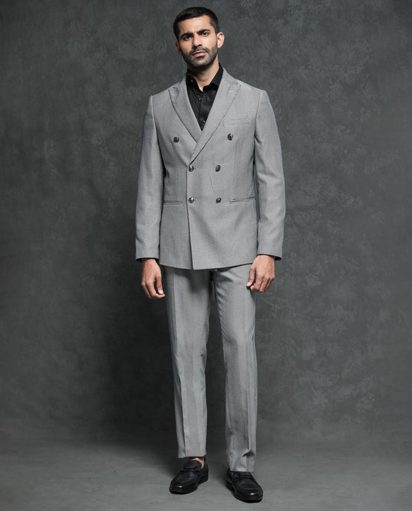 Rare Rabbit Men's Sierres Light Grey Polyester Viscose Fabric Peak Lapel Button Closure Double Breasted Herringbone Suits