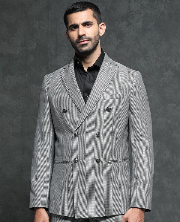 Rare Rabbit Men's Sierres Light Grey Polyester Viscose Fabric Peak Lapel Button Closure Double Breasted Herringbone Suits