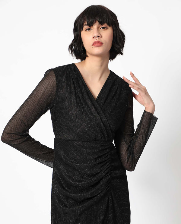Rareism Women Siga Metallic Black Overlap Neck Full Sleeves Gathered Detail Front Slit Shimmer Party Dress