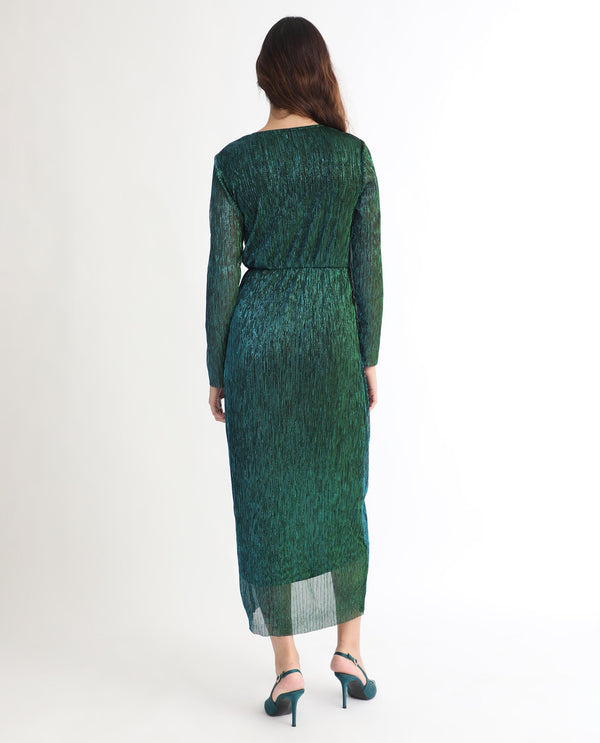 Rareism Women's Siga Metalic Green Polyester Blend Fabric V-Neck  Full Sleeve Shimmer  Maxi Dress