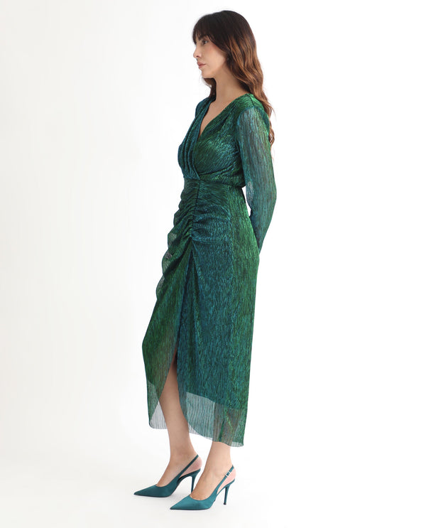 Rareism Women's Siga Metalic Green Polyester Blend Fabric V-Neck  Full Sleeve Shimmer  Maxi Dress
