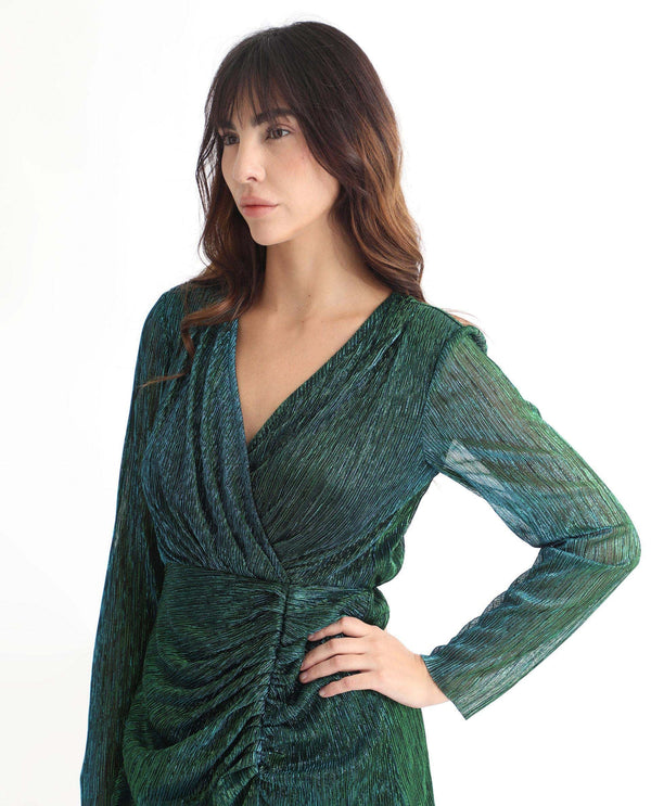 Rareism Women's Siga Metalic Green Polyester Blend Fabric V-Neck  Full Sleeve Shimmer  Maxi Dress