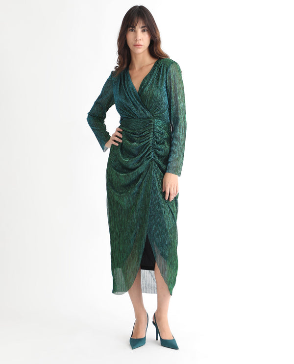 Rareism Women's Siga Metalic Green Polyester Blend Fabric V-Neck  Full Sleeve Shimmer  Maxi Dress