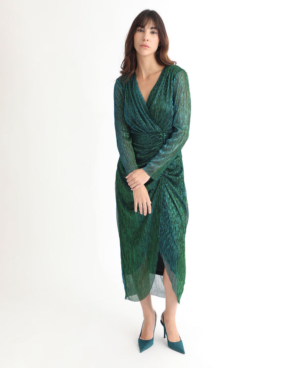 Rareism Women's Siga Metalic Green Polyester Blend Fabric V-Neck  Full Sleeve Shimmer  Maxi Dress