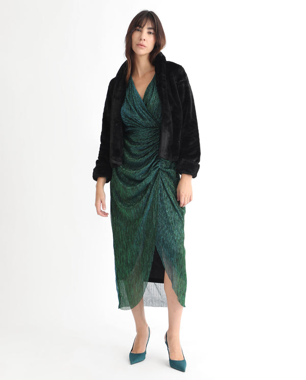 Rareism Women's Siga Metalic Green Polyester Blend Fabric V-Neck  Full Sleeve Shimmer  Maxi Dress