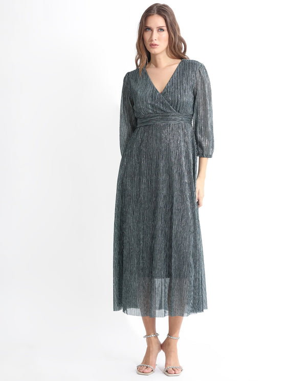 Rareism Women Daso Metallic Silver Polyester Fabric 3/4Th Sleeves Zip Closure Balloon Sleeve Fit And Flare Shimmer Maxi Empire Dress