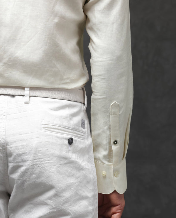 Rare Rabbit Mens Silken Pastel Yellow Linen Cotton Fabric Full Sleeve Solid Shirt