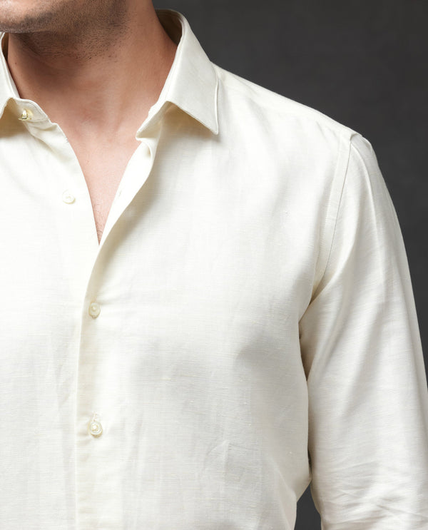 Rare Rabbit Mens Silken Pastel Yellow Linen Cotton Fabric Full Sleeve Solid Shirt