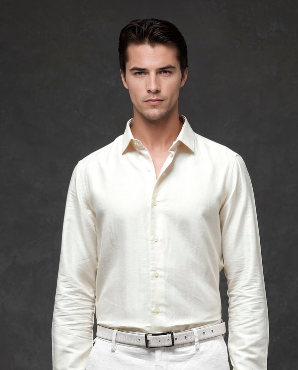 Rare Rabbit Mens Silken Pastel Yellow Linen Cotton Fabric Full Sleeve Solid Shirt