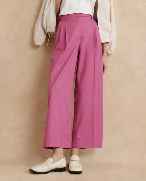 Rareism Women Simany Pink Button Closure Wide Fit Ankle Length Plain Trouser
