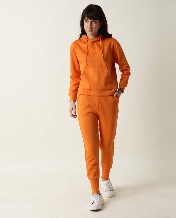 Rareism Women Simp-1 Orange Poly Cotton Fabric Tailored Fit Solid Mid Rise Ankle Length Track Pant
