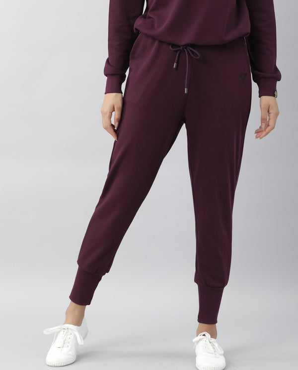 Rareism Women Simp-1 Dark Purple Poly Cotton Fabric Tailored Fit Solid Mid Rise Ankle Length Track Pant