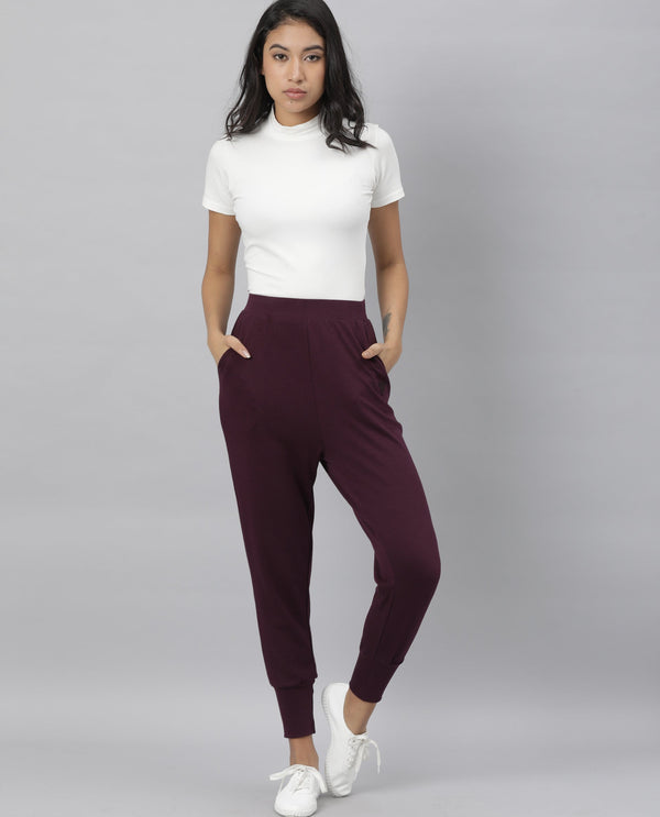Rareism Women Simp-1 Dark Purple Poly Cotton Fabric Tailored Fit Solid Mid Rise Ankle Length Track Pant