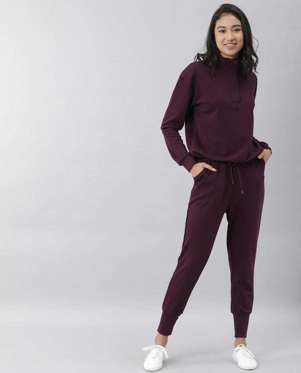 Rareism Women Simp-1 Dark Purple Poly Cotton Fabric Tailored Fit Solid Mid Rise Ankle Length Track Pant