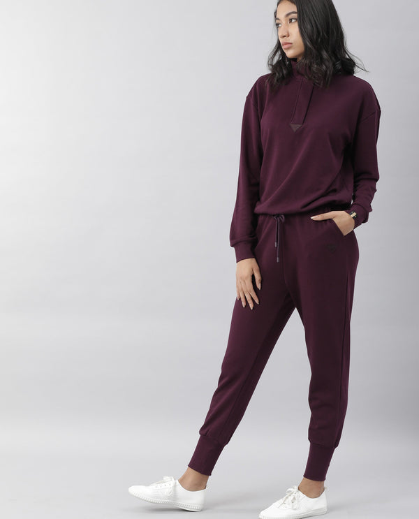 Rareism Women Simp-1 Dark Purple Poly Cotton Fabric Tailored Fit Solid Mid Rise Ankle Length Track Pant