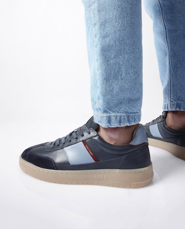 Rare Rabbit Men's Sirius Blue Leather Upper Round Toe Low-Top Lace-Up Sneaker Shoes