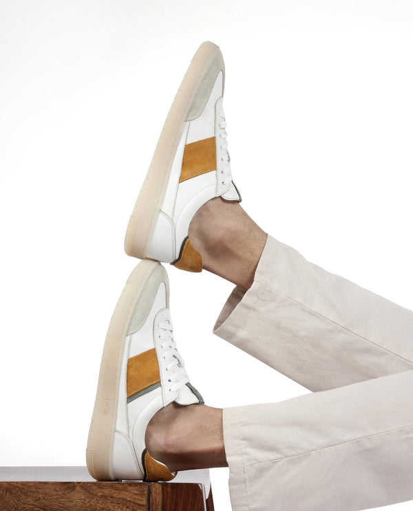 Rare Rabbit Men's Sirius Mustard Suede and Leather Upper Round Toe Low-Top Lace-Up Sneaker Shoes