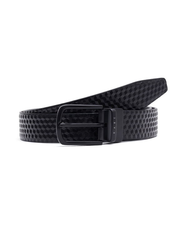 Rare Rabbit Men's Sirius Black Reversible Textured Pattern Genuine Leather Belt