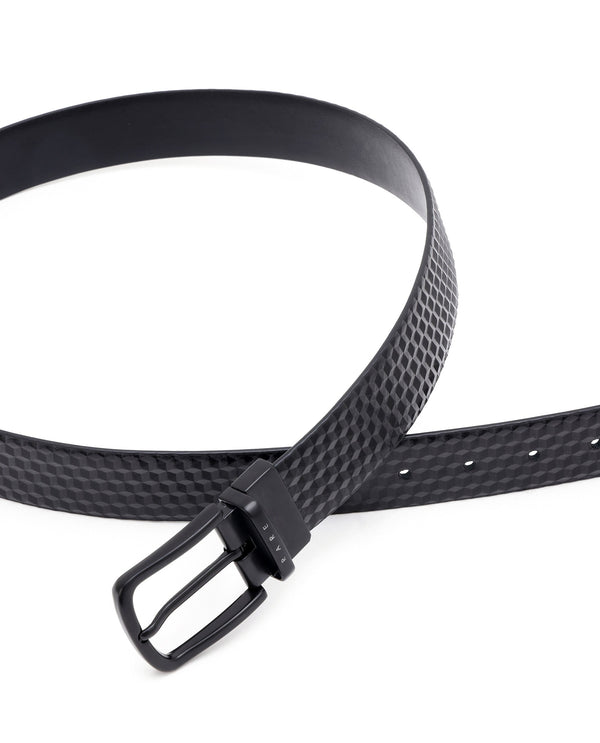 Rare Rabbit Men's Sirius Black Reversible Textured Pattern Genuine Leather Belt