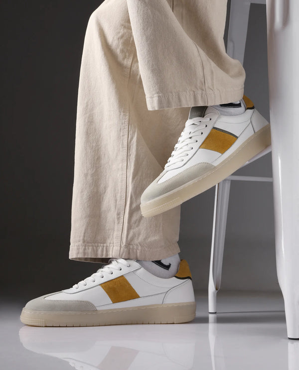 Rare Rabbit Men's Sirius Mustard Suede and Leather Upper Round Toe Low-Top Lace-Up Sneaker Shoes