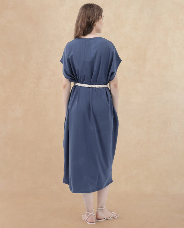 Rareism Women's Siriyo Dark Blue Cotton Fabric Crew Neck  Extended Sleeve Plain Relaxed Fit Maxi Dress