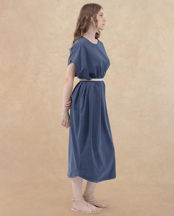 Rareism Women's Siriyo Dark Blue Cotton Fabric Crew Neck  Extended Sleeve Plain Relaxed Fit Maxi Dress