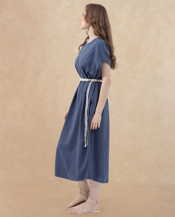 Rareism Women's Siriyo Dark Blue Cotton Fabric Crew Neck  Extended Sleeve Plain Relaxed Fit Maxi Dress