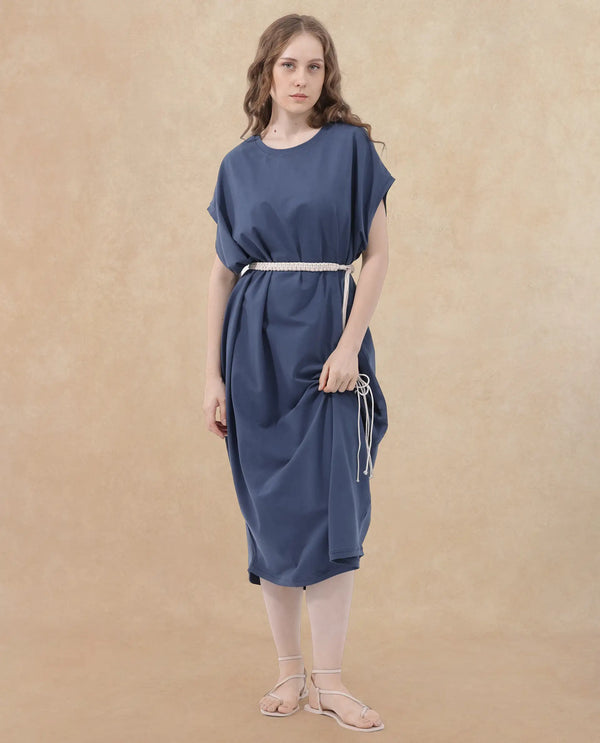 Rareism Women's Siriyo Dark Blue Cotton Fabric Crew Neck  Extended Sleeve Plain Relaxed Fit Maxi Dress