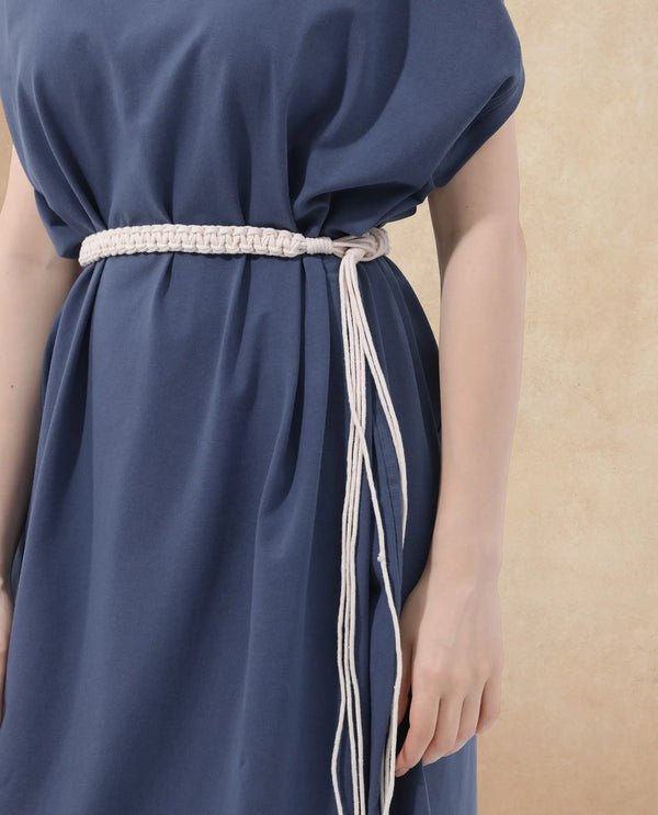 Rareism Women's Siriyo Dark Blue Cotton Fabric Crew Neck  Extended Sleeve Plain Relaxed Fit Maxi Dress