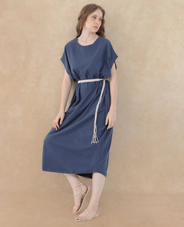 Rareism Women's Siriyo Dark Blue Cotton Fabric Crew Neck  Extended Sleeve Plain Relaxed Fit Maxi Dress