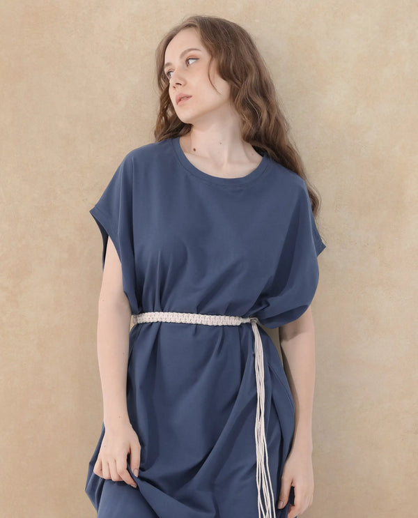 Rareism Women's Siriyo Dark Blue Cotton Fabric Crew Neck  Extended Sleeve Plain Relaxed Fit Maxi Dress