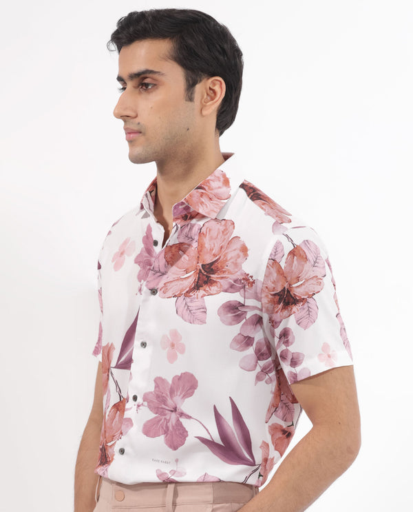 Rare Rabbit Men's Siros White Viscose Fabric Floral Print Half Sleeves Shirt