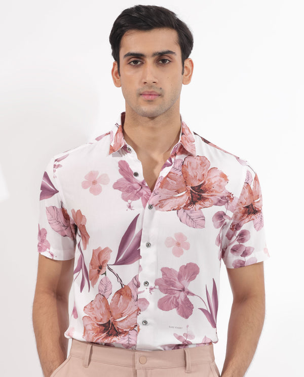 Rare Rabbit Men's Siros White Viscose Fabric Floral Print Half Sleeves Shirt
