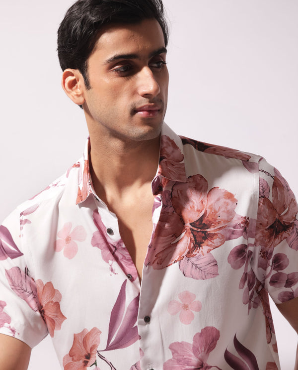 Rare Rabbit Men's Siros White Viscose Fabric Floral Print Half Sleeves Shirt