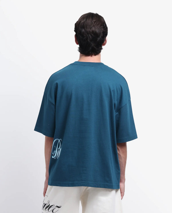 Rare Rabbit Men Siwa Dark Teal Cotton Fabric Short Sleeve Slip-On Oversized Fit Graphic Print T-Shirt