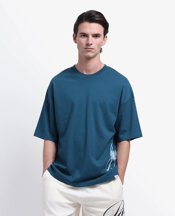 Rare Rabbit Men Siwa Dark Teal Cotton Fabric Short Sleeve Slip-On Oversized Fit Graphic Print T-Shirt
