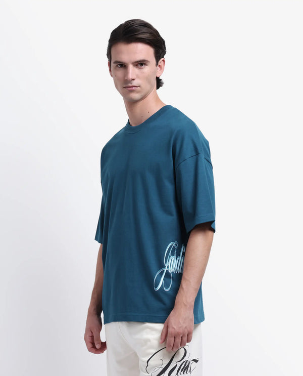 Rare Rabbit Men Siwa Dark Teal Cotton Fabric Short Sleeve Slip-On Oversized Fit Graphic Print T-Shirt