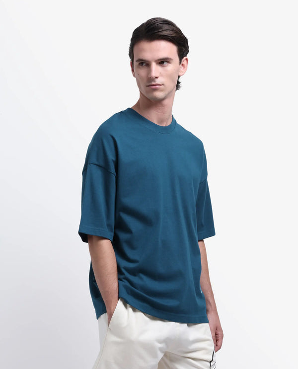 Rare Rabbit Men Siwa Dark Teal Cotton Fabric Short Sleeve Slip-On Oversized Fit Graphic Print T-Shirt