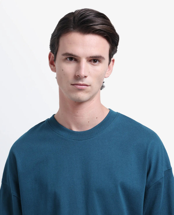 Rare Rabbit Men Siwa Dark Teal Cotton Fabric Short Sleeve Slip-On Oversized Fit Graphic Print T-Shirt