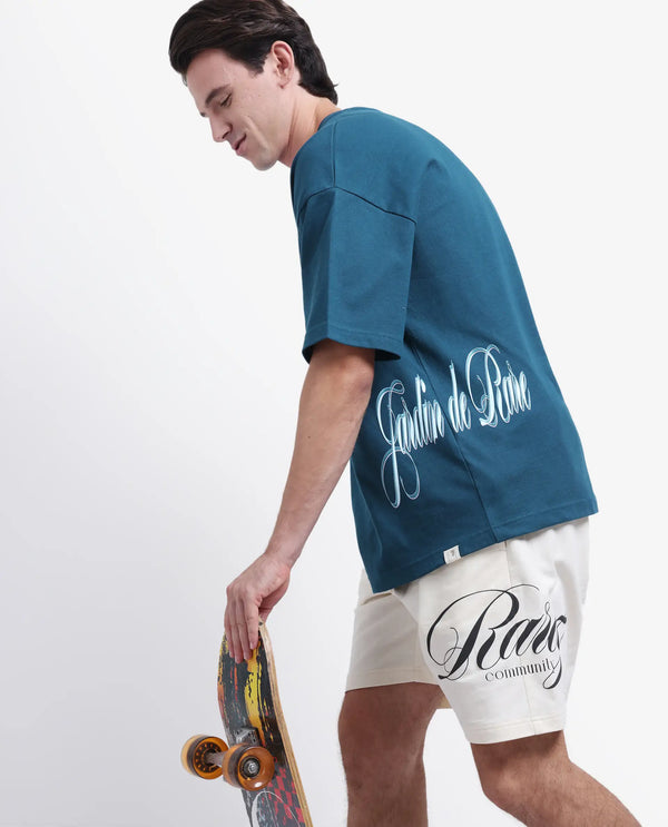 Rare Rabbit Men Siwa Dark Teal Cotton Fabric Short Sleeve Slip-On Oversized Fit Graphic Print T-Shirt