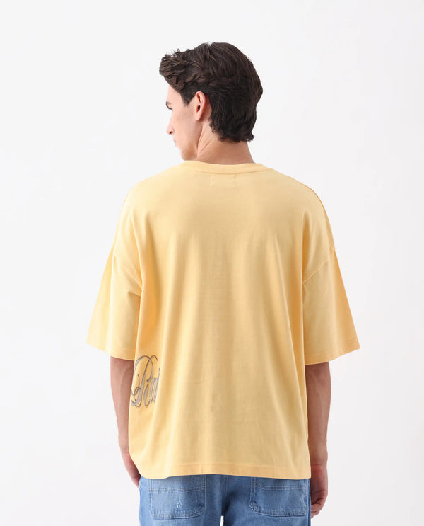 Rare Rabbit Men Siwa Light Yellow Cotton Fabric Short Sleeve Slip-On Oversized Fit Graphic Print T-Shirt