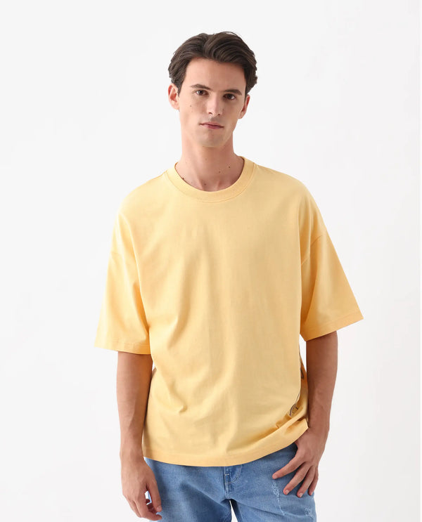 Rare Rabbit Men Siwa Light Yellow Cotton Fabric Short Sleeve Slip-On Oversized Fit Graphic Print T-Shirt