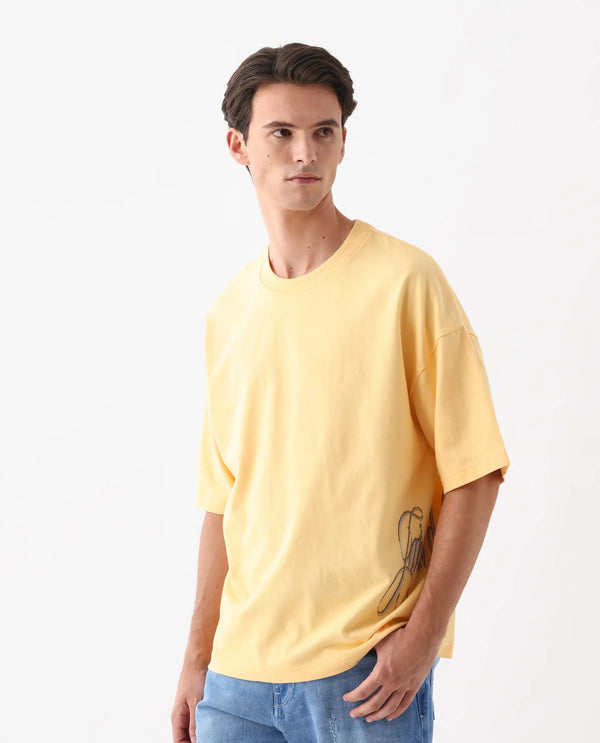 Rare Rabbit Men Siwa Light Yellow Cotton Fabric Short Sleeve Slip-On Oversized Fit Graphic Print T-Shirt