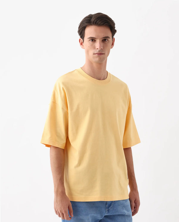 Rare Rabbit Men Siwa Light Yellow Cotton Fabric Short Sleeve Slip-On Oversized Fit Graphic Print T-Shirt