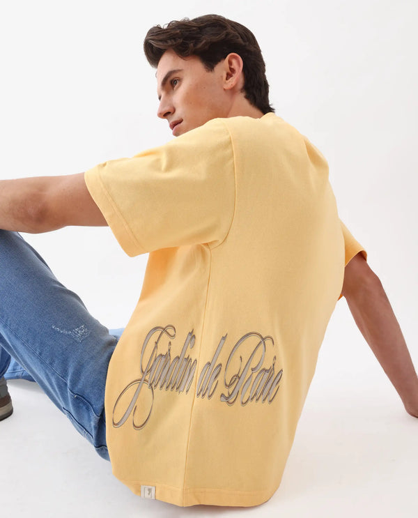 Rare Rabbit Men Siwa Light Yellow Cotton Fabric Short Sleeve Slip-On Oversized Fit Graphic Print T-Shirt