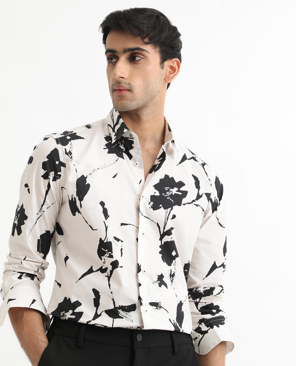 Rare Rabbit Men's Sketcherr Off White Cotton Fabric Floral Print Full Sleeves Shirt