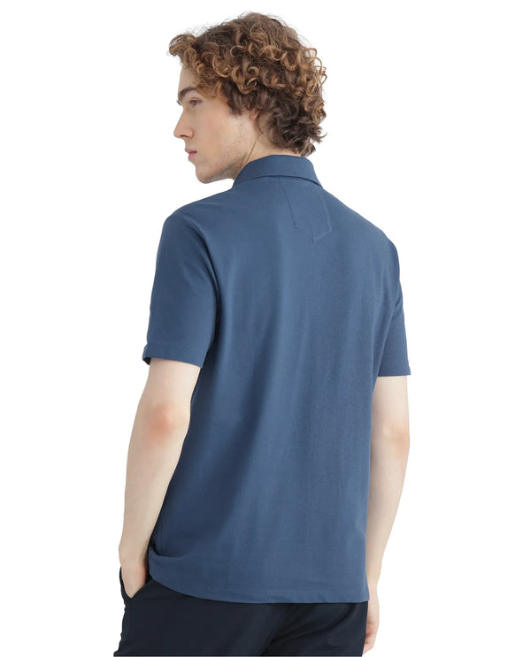 Rare Rabbit Men Ski Blue Cotton Lycra Blend Fabric Short Sleeve Collared Neck Zipper Closure Plain Polo