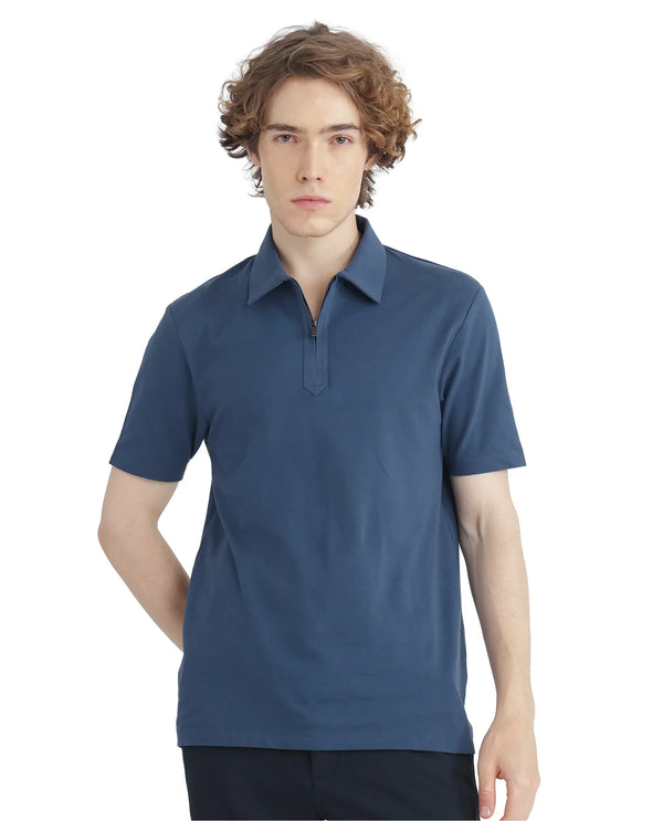 Rare Rabbit Men Ski Blue Cotton Lycra Blend Fabric Short Sleeve Collared Neck Zipper Closure Plain Polo