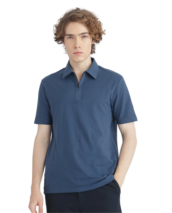 Rare Rabbit Men Ski Blue Cotton Lycra Blend Fabric Short Sleeve Collared Neck Zipper Closure Plain Polo